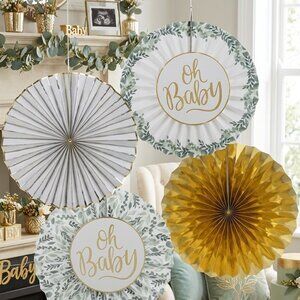 Oh Baby Gold And Leaves Paper 14 Inch Fans Baby Shower Party Supplies Decoration